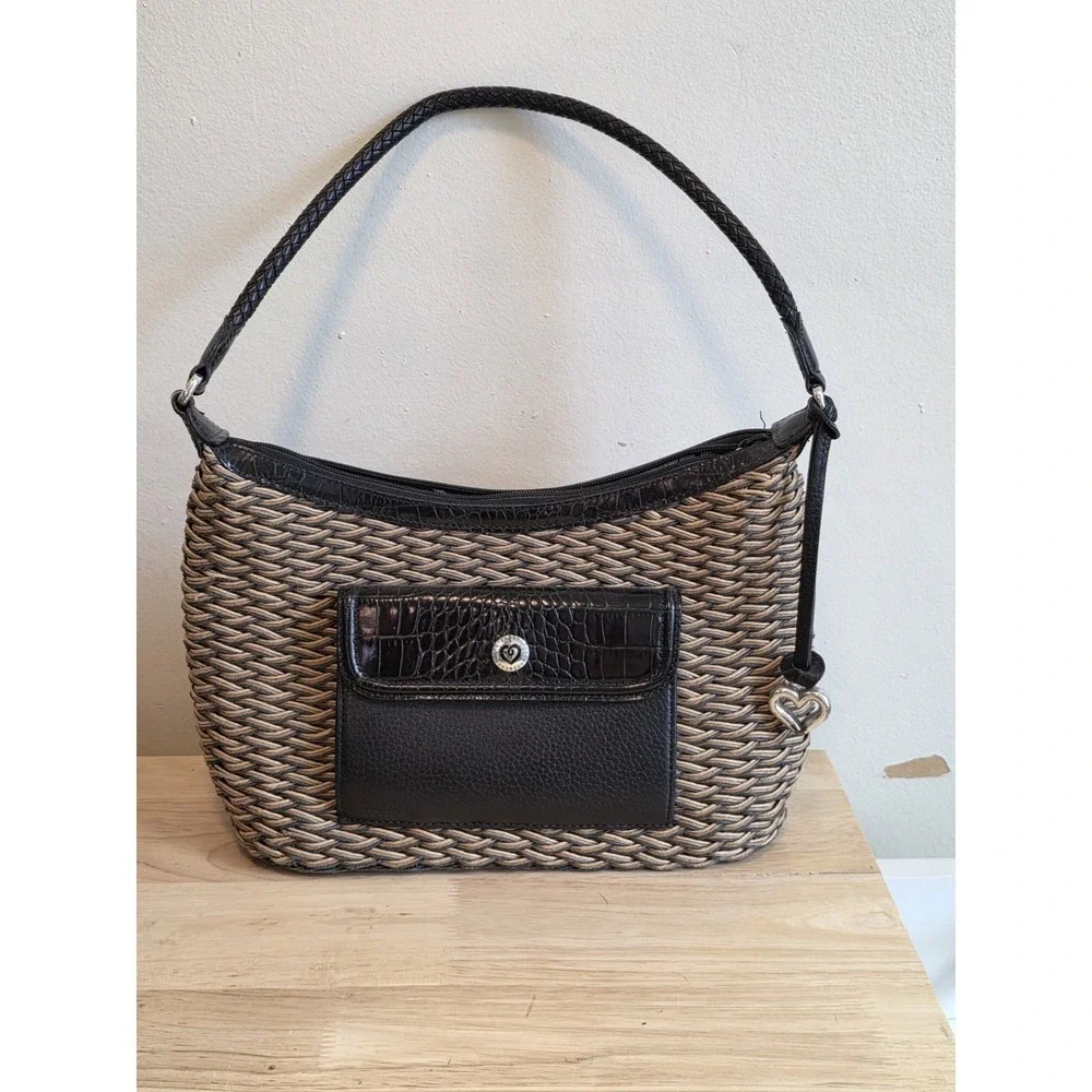 Brighton Edna Brown Braided Leather Woven Straw Shoulder Bag‎ Logo Beach Picnic